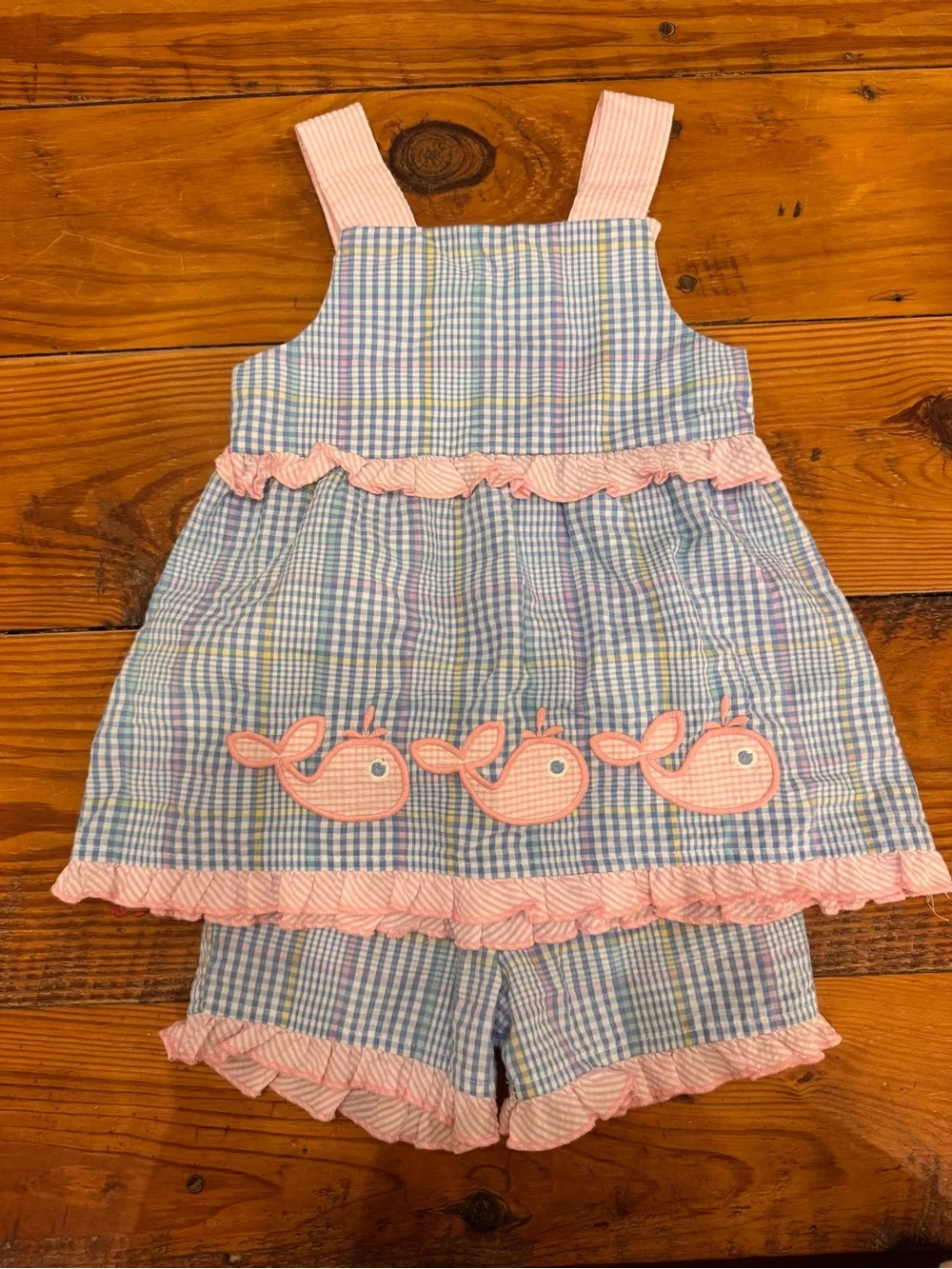 Bailey Boys Blue and Pink Plaid Whale Appliqué Sundress Set
